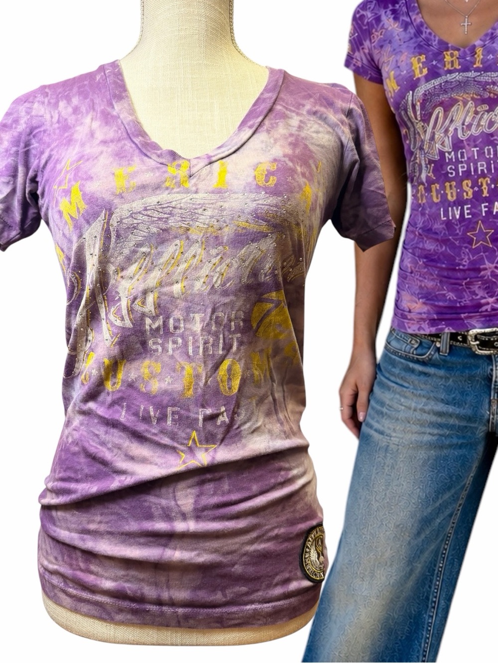 Affliction American Customs Purple Tie Dye Rhinestone Tee Size Small